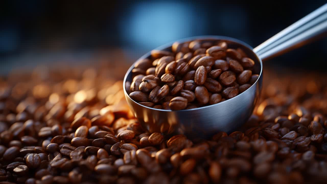 Primo piano di chicchi di caffè tostati con un misurino in metallo che cattura la ricchezza e la consistenza del caffè appena tostato in luce naturale
