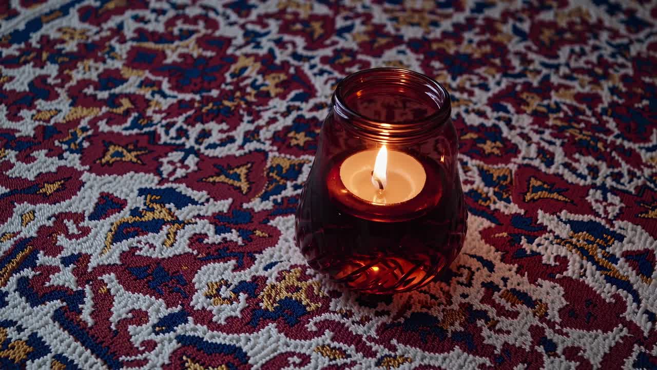 Small round candle is burning brightly in a red glass candle holder placed on an ornate tablecloth, creating a warm and inviting atmosphere