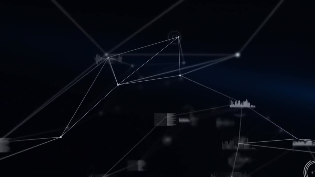 검은 바탕에 회전하는 연결 네트워크 및 데이터 처리의 애니메이션