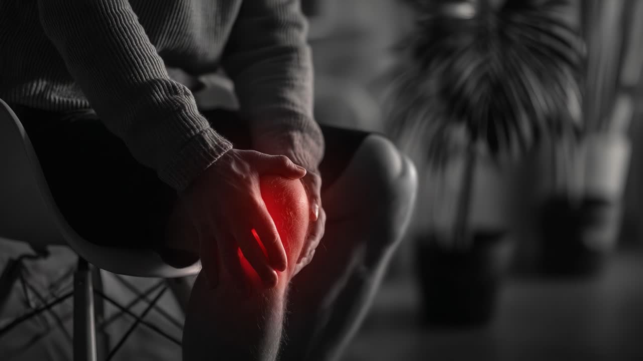 A person experiencing knee discomfort while seated, showcasing the intensity of pain with a highlighted knee area to emphasize physical suffering and the need for care