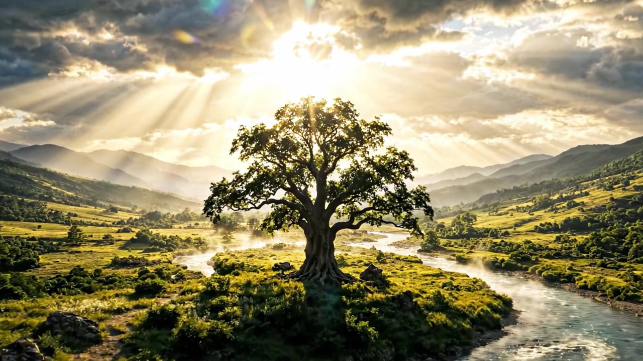 Árvore Majestosa ao Pôr do Sol: Uma Cena Deslumbrante da Beleza da Natureza com Raios de Sol Atravessando Nuvens Sobre Colinas Suaves e um Rio Sereno Fluindo Próximo