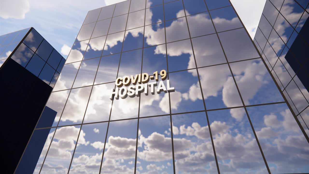 코로나19 병원 유리 스카이스크래퍼에 제한된 지역, 건물에 반사된 타임스 하늘, 전염병, 바이러스 팬데, 건강, 클리닉, 응급, 의료 및 의료 개념 3d 렌더링 애니메이션