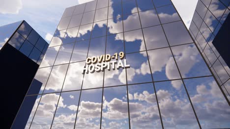 área restringida del hospital covid-19 en un rascacielos de vidrio. tiempo lapse cielo reflejado en el edificio. epidemia, pandemia de virus. salud, clínica, emergencia, atención médica y concepto médico en animación de renderización 3d.