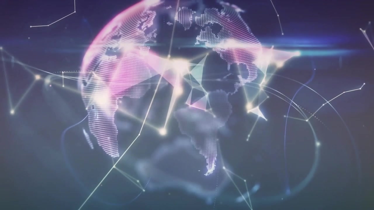 Dots appearing then forming triangular mesh merging into rotating globe visualizing connectivity