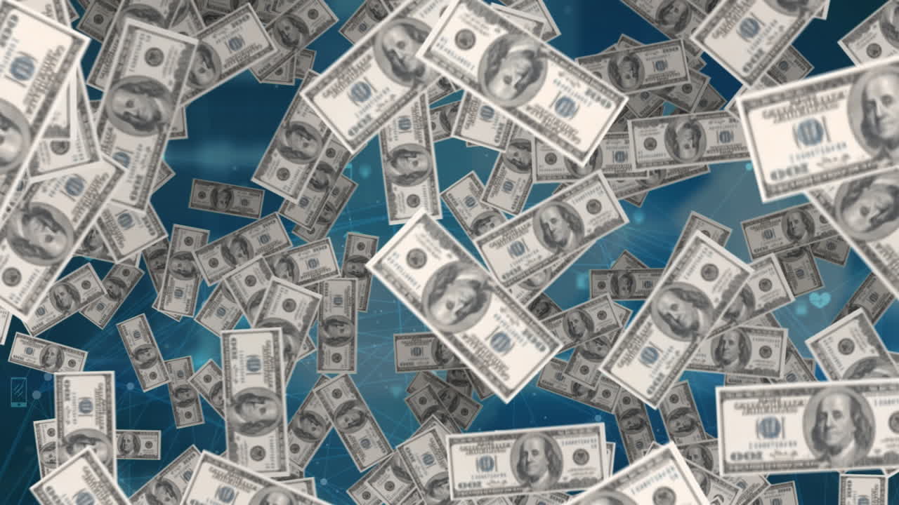 animación de billetes que caen sobre un fondo azul