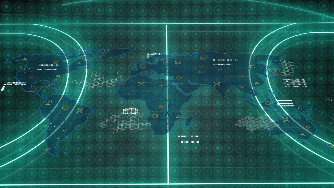 Animation of digital world map with data points and network connections