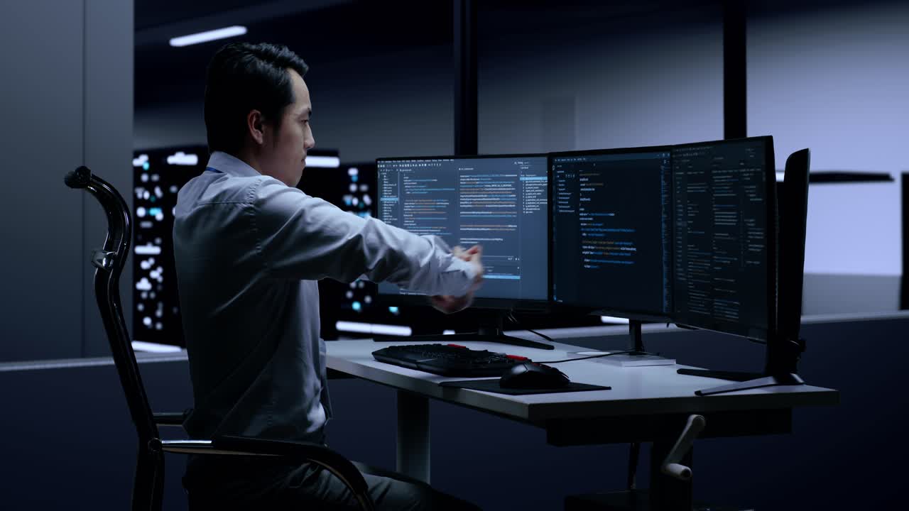 Programmer Stretching at Night in Server Room