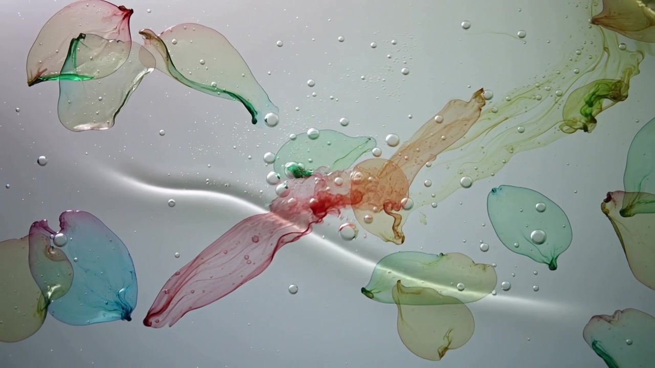 Entering green stream hitting red-pink ribbon in backlit tray, shifting petals and lifting bubbles