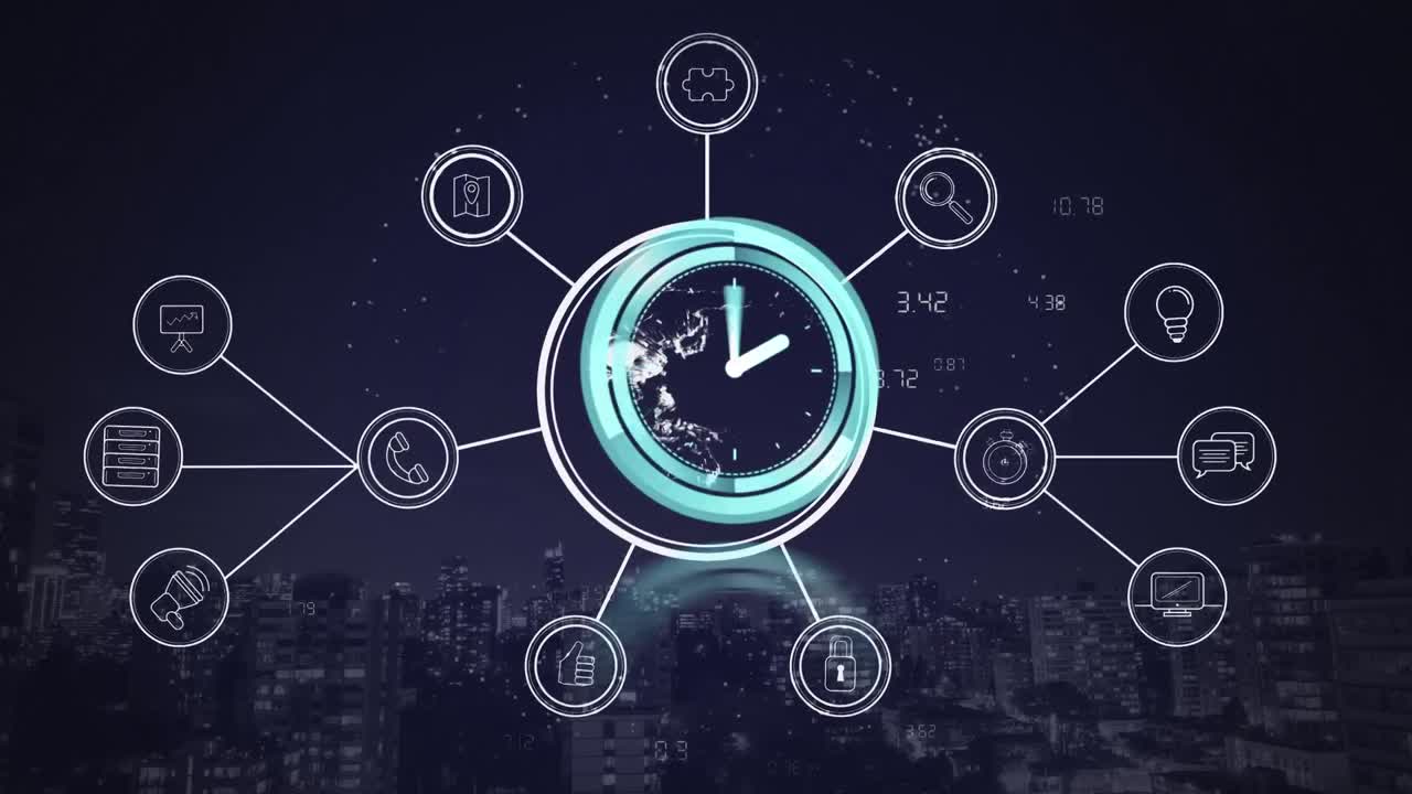 animación de reloj en movimiento con iconos sobre fondo marino