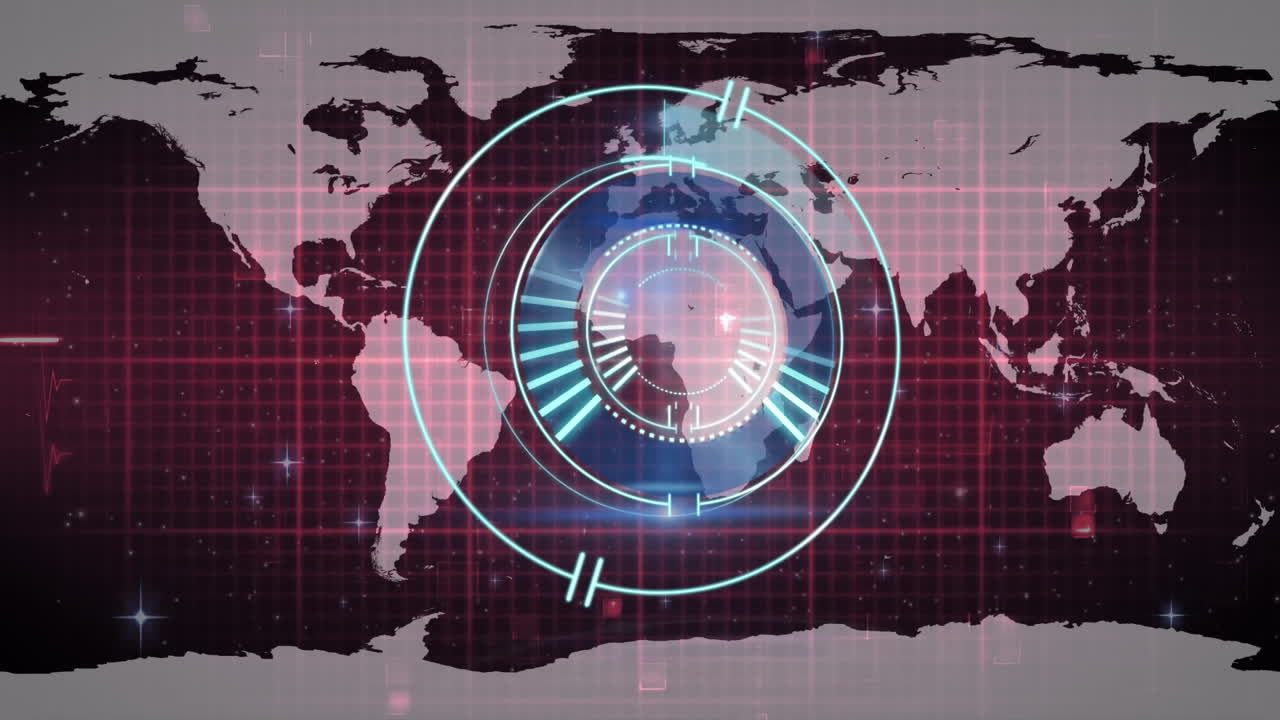 animación de un círculo y un monitor de frecuencia cardíaca sobre el mapa del mundo sobre fondo marrón