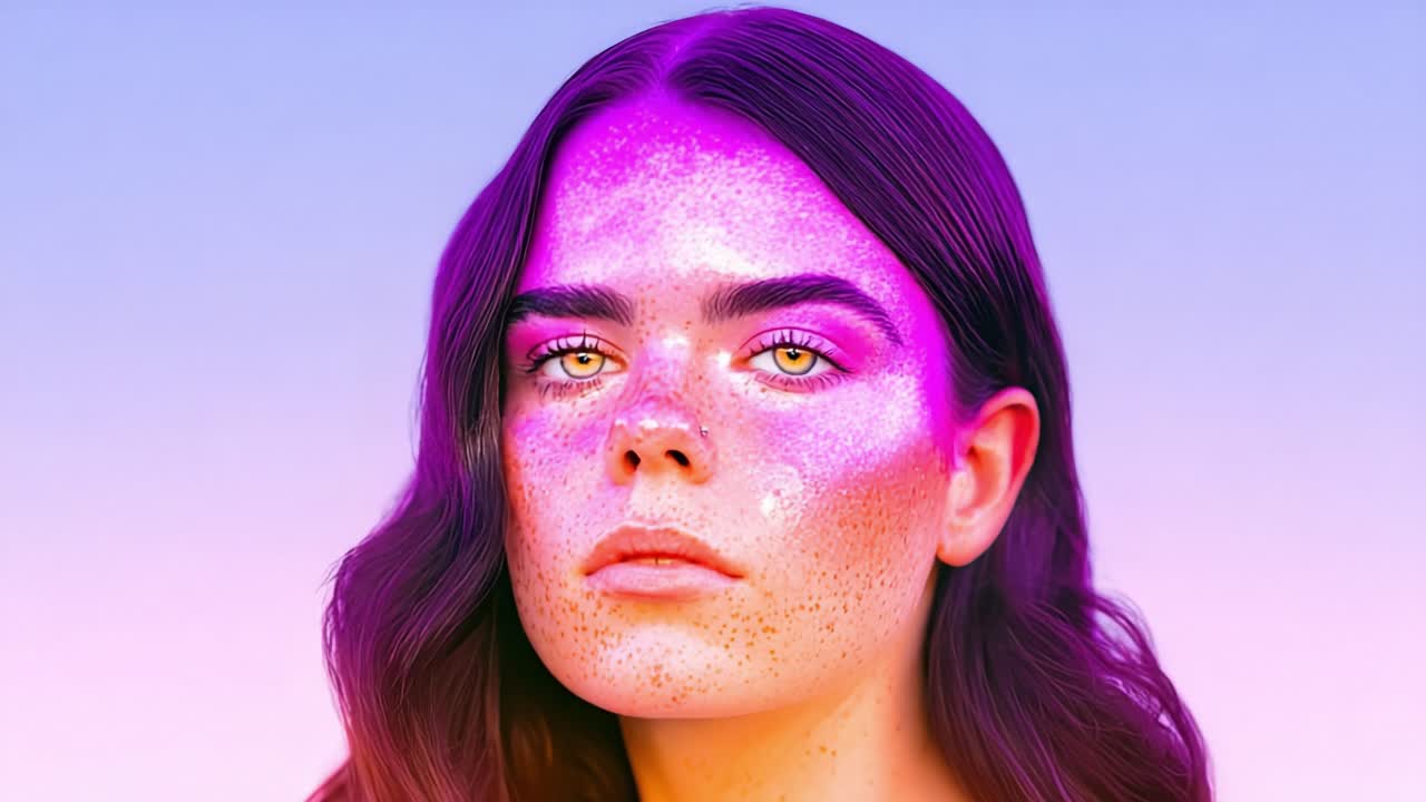 A stunning portrait of a young woman with vibrant purple highlights and striking features, emphasizing unique beauty against a gradient background