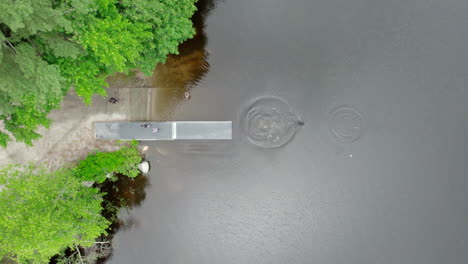 Aerial-overhead-video-of-black-lab-jumping-from-a-dock-and-into-a-pond-chasing-a-stick-Burrillville,-RI