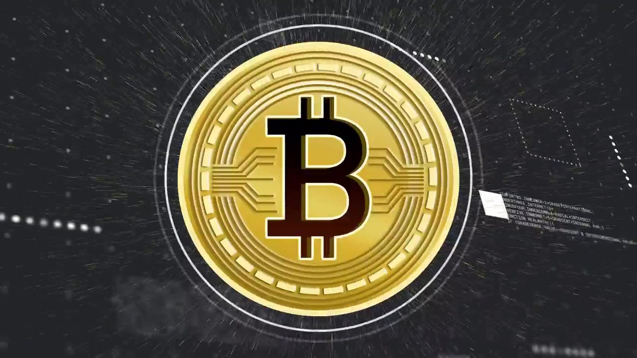 Barra fina de ouro começando, moeda Bitcoin surgindo, anel se formando, moeda ampliando, girando para revelar