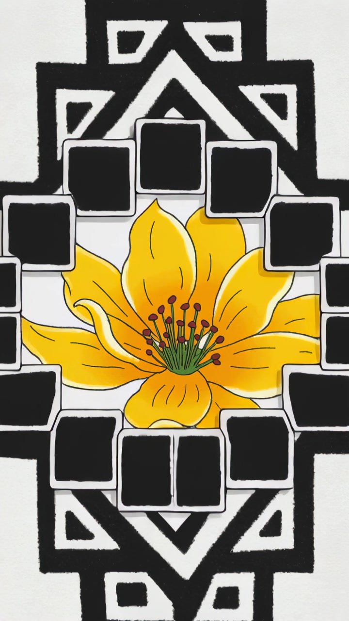 Vertical video: Sliding black tiles revealing yellow flower on white panel to expose hidden blossom