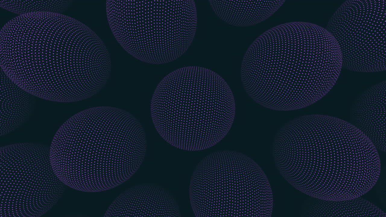 Seamless abstract footage of rotating 3D spheres built from glowing digital particles on a dark background, ideal for futuristic technology themes, science visuals, and modern motion design projects