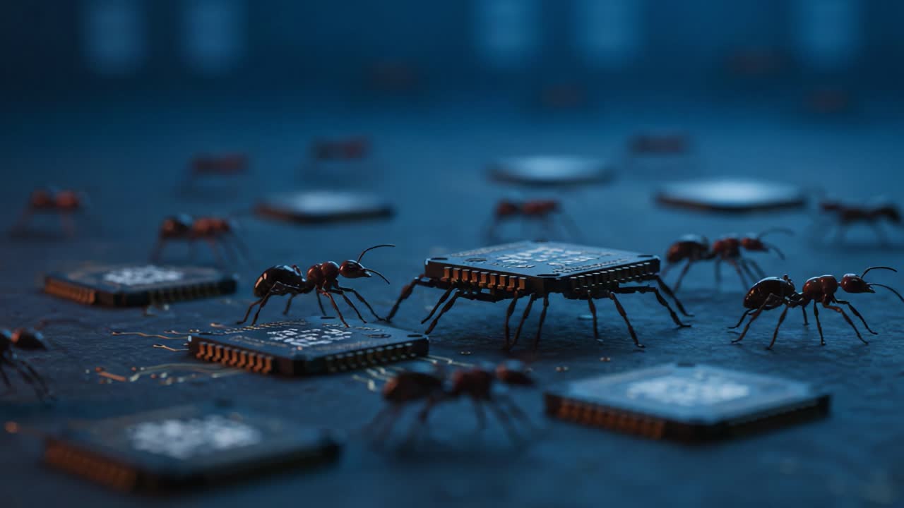 A Fascinating Look at Ants Interacting with Microchips: A Unique Perspective on Nature and Technology Merging in a Creative Display of Life and Innovation