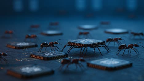 a fascinating look at ants interacting with microchips: a unique perspective on nature and technology merging in a creative display of life and innovation