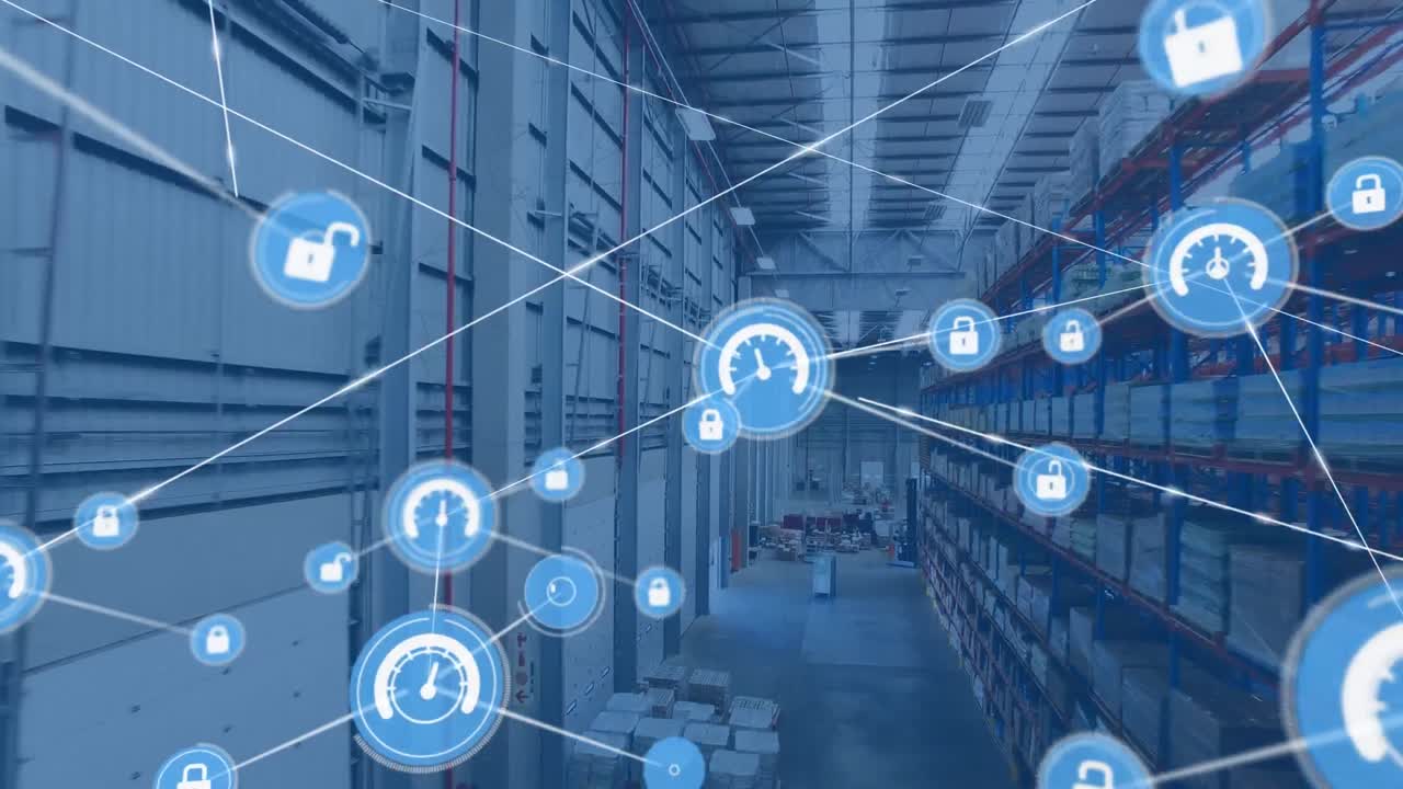 빈 창고 위에 아이콘으로 연결된 네트워크의 애니메이션