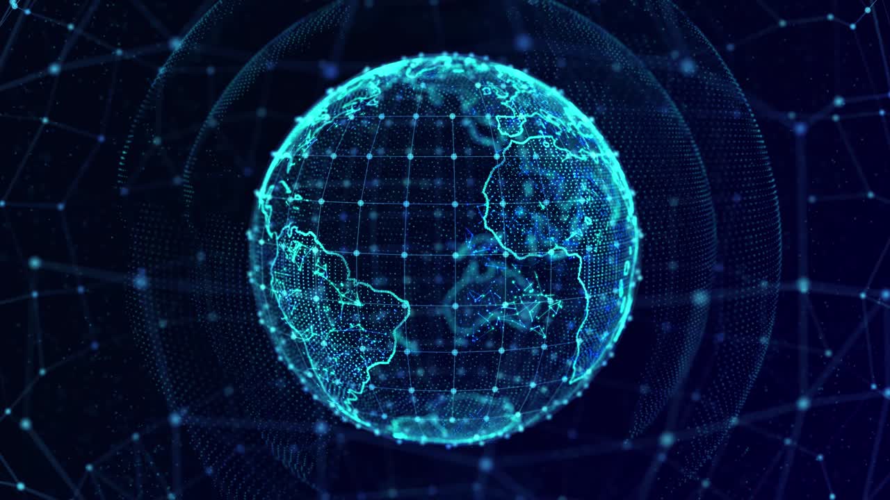 Animation of particle earth globe rotating and glow light shine beam loop with alpha big data