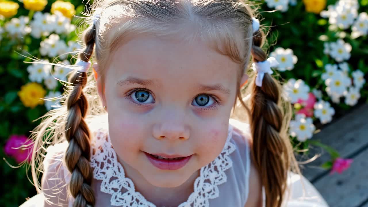 Leende flicka i en blomsterträdgård