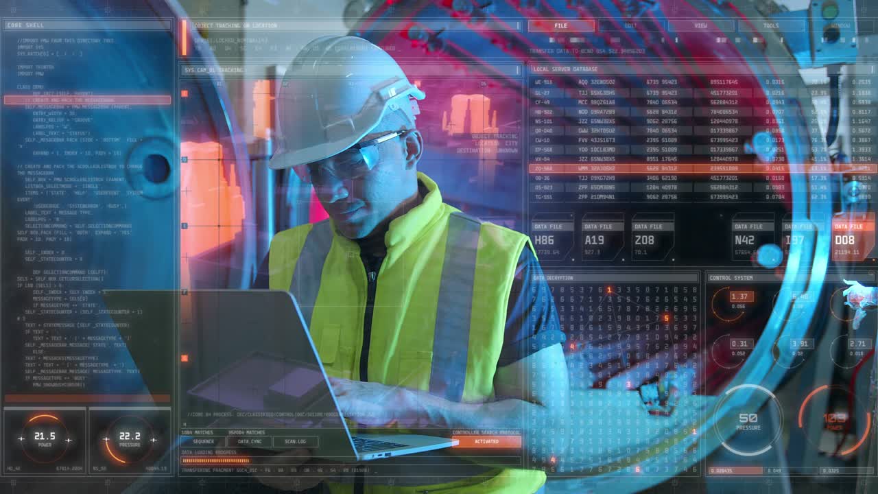 Engineer working in factory with laptop computer GUI graphic user interface technology sci fi background