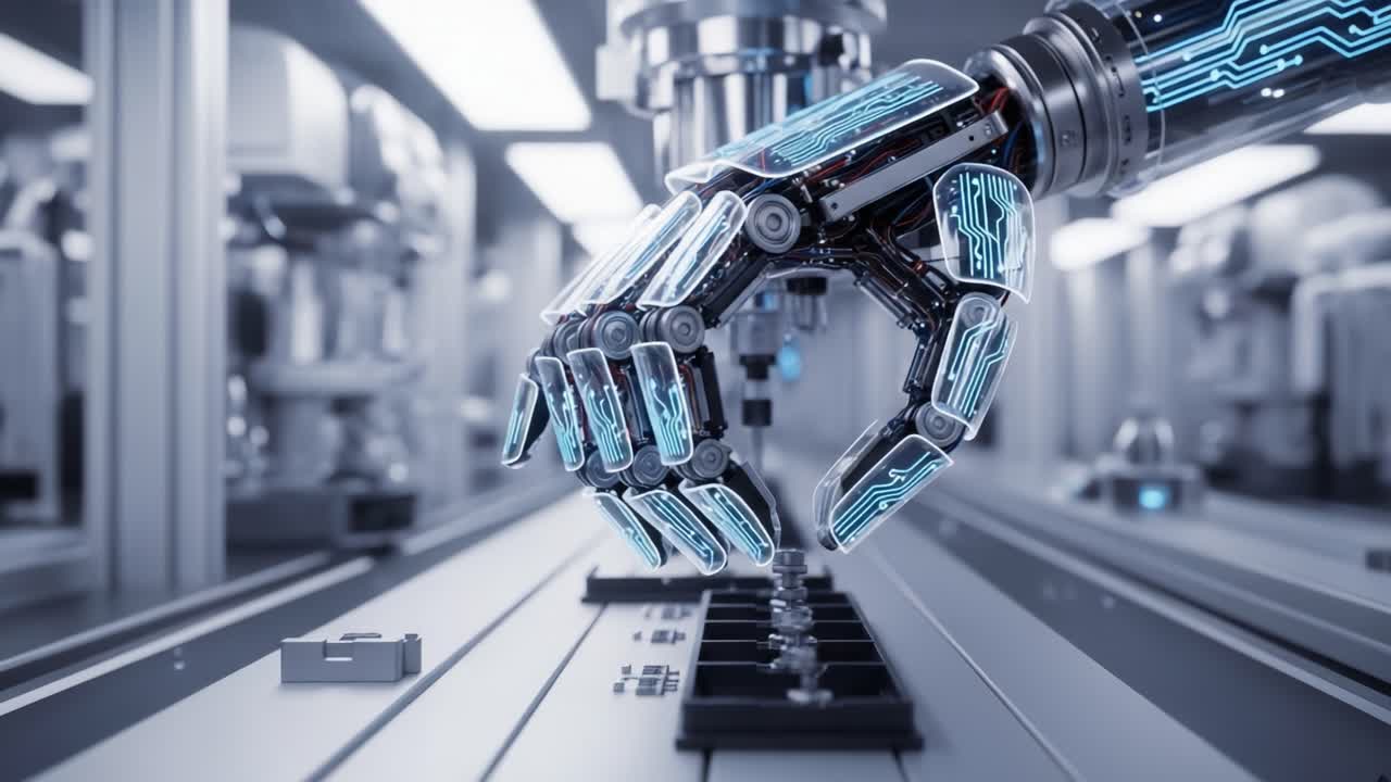 A Highly Advanced Robotic Hand Demonstrating Precision Engineering in a Futuristic Manufacturing Facility, Pioneering Automation and Efficiency in Modern Technology