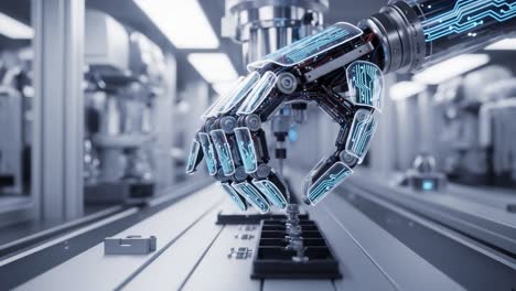 a highly advanced robotic hand demonstrating precision engineering in a futuristic manufacturing facility, pioneering automation and efficiency in modern technology