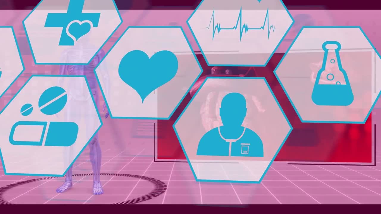 분홍색 배경에 대한 인체 모델 위에 여러 개의 의료 아이콘의 애니메이션