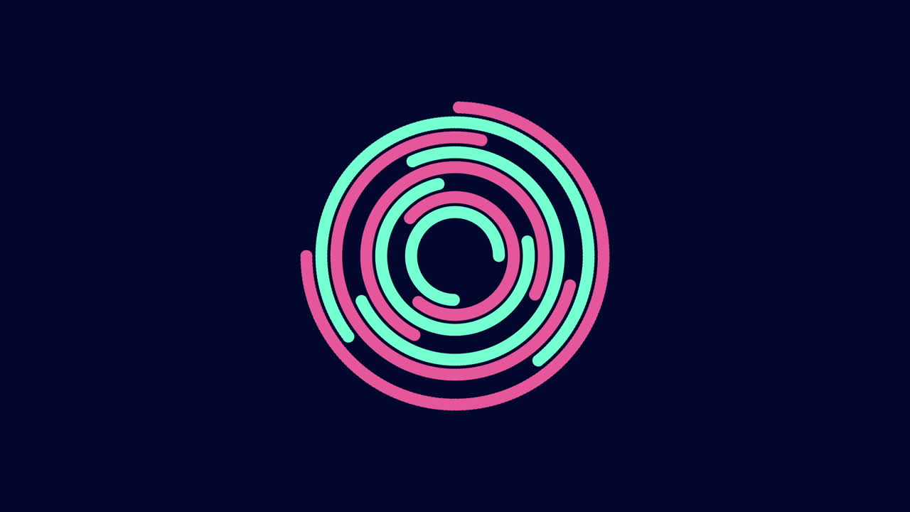 círculo en espiral de círculos rosados y azules sobre fondo oscuro