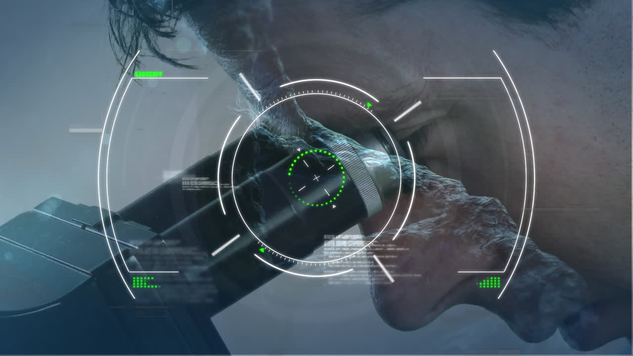 animación de fallos y datos diversos sobre el hombre caucásico usando el microscopio