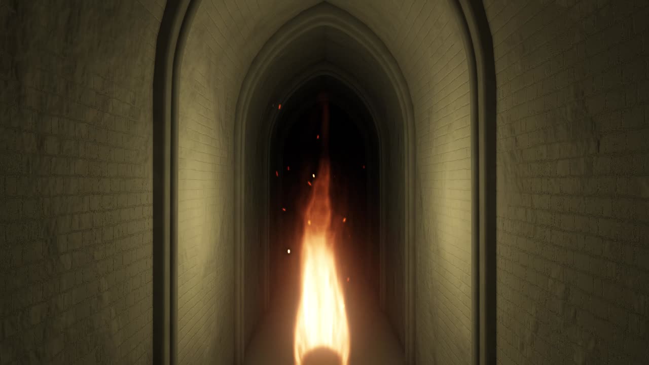 el corredor del castillo aterrador por la noche.