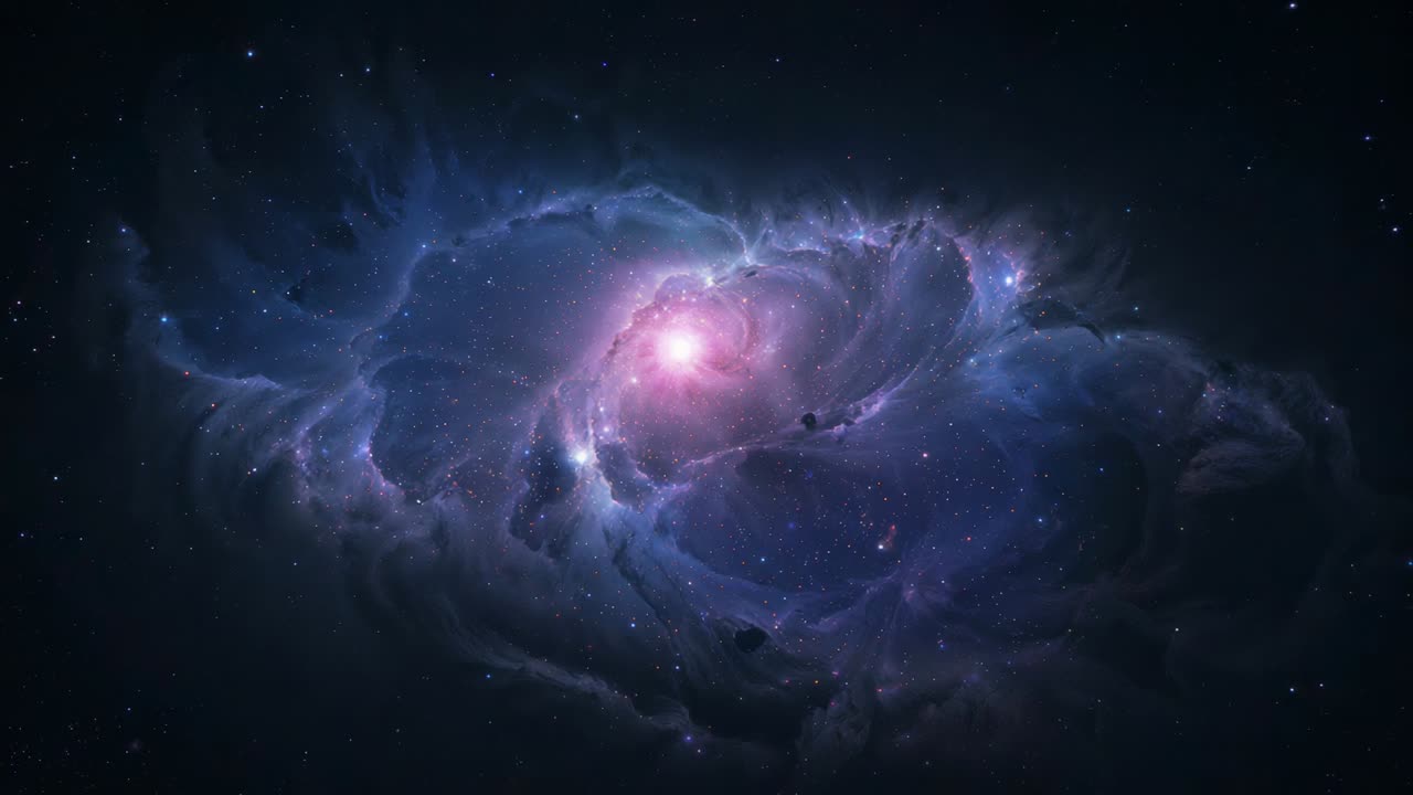 Zooming spiral nebula showing pink core brightening, blue filaments shifting, dust, stars in space