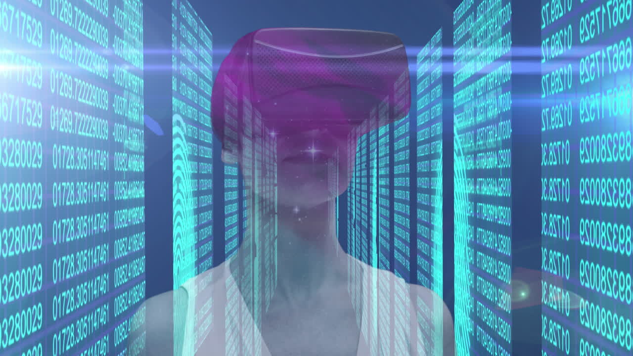 animazione di una donna caucasica con cuffie vr su codifica binaria