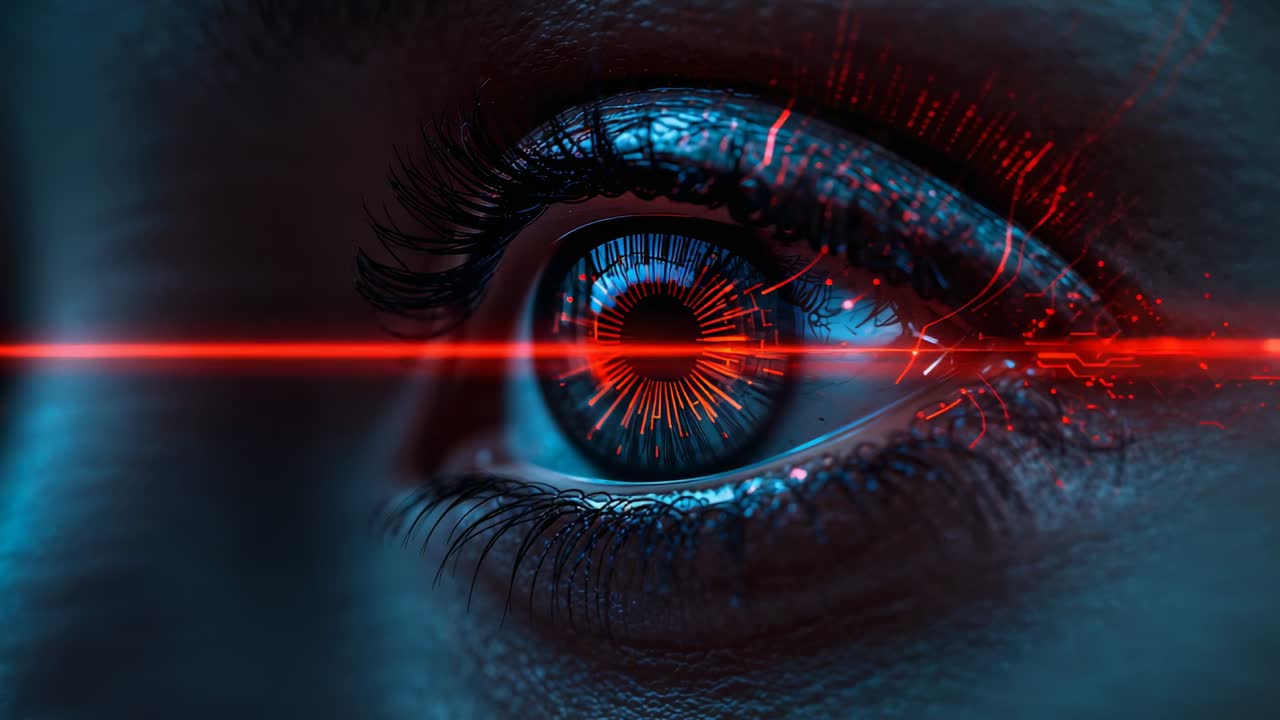 Scanning red laser targeting single eye in lab, tracing augmented iris revealing corneal highlights