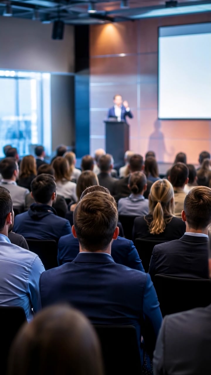 Sala de Conferências Corporativa com Audiência Cheia Assistindo à Palestra Principal, Líder de Negócios no Pódio com Tela de Projeção