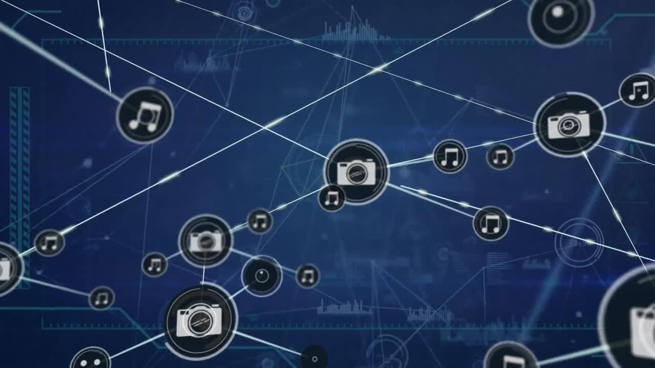 animación de la red de iconos digitales y procesamiento de datos contra un fondo azul