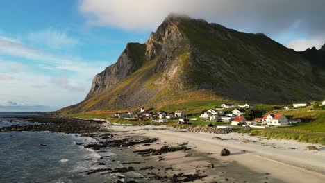 Vikten-Beach-and-Village-at-Lofoten-Islands-in-Norway,-Scandinavia---Aerial-Circling