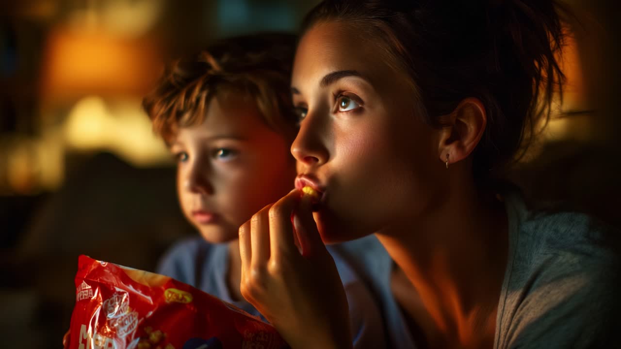 A Heartwarming Moment of Connection: A Mother and Her Child Enjoying a Cozy Movie Night Together, Sharing Popcorn and Creating Lasting Memories in a Warm, Inviting Atmosphere