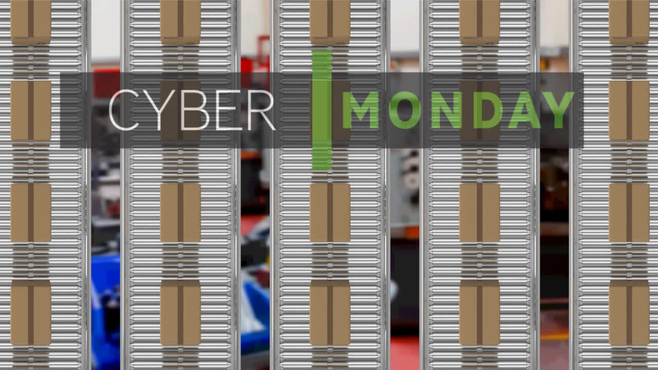 Animation of cyber monday text over cardboard boxes on conveyor belts in warehouse