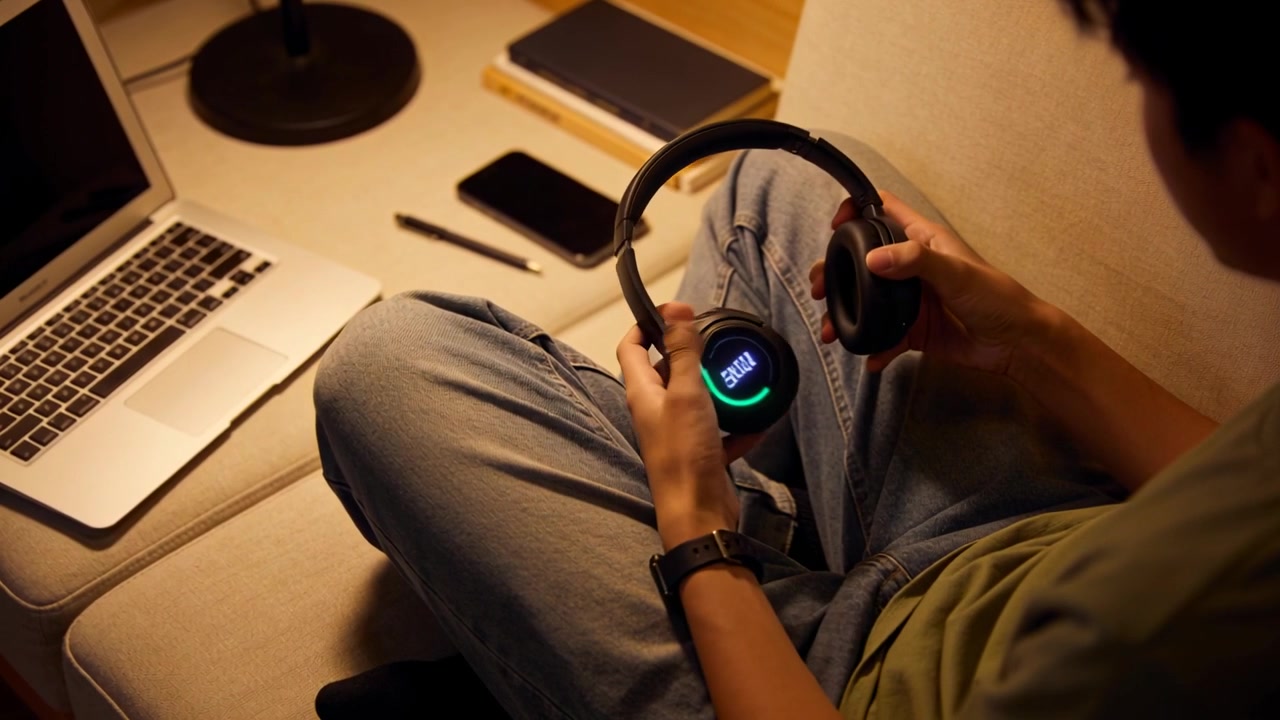 Mand i grøn t-shirt tjekker hovedtelefon-LED, tager hovedtelefoner på og forbinder til bærbar computer på sofaen.