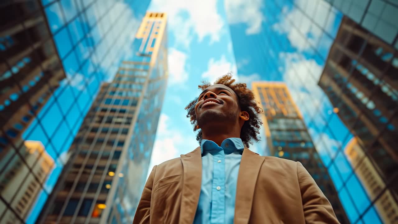 Homem aprecia vistas da cidade sob luz solar intensa. Um homem está de pé confiantemente entre edifícios altos enquanto sorri para o céu. A luz do sol reflete nas superfícies de vidro.