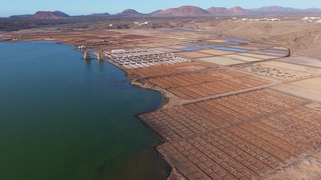 Stunning aerial perspective of the Janubio salt flats with evaporation ponds and volcanic mountains