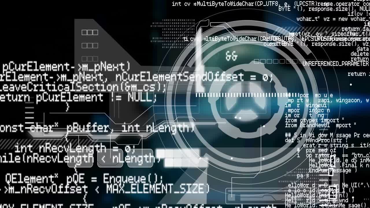Animation of interface with round scanner and data processing against black background