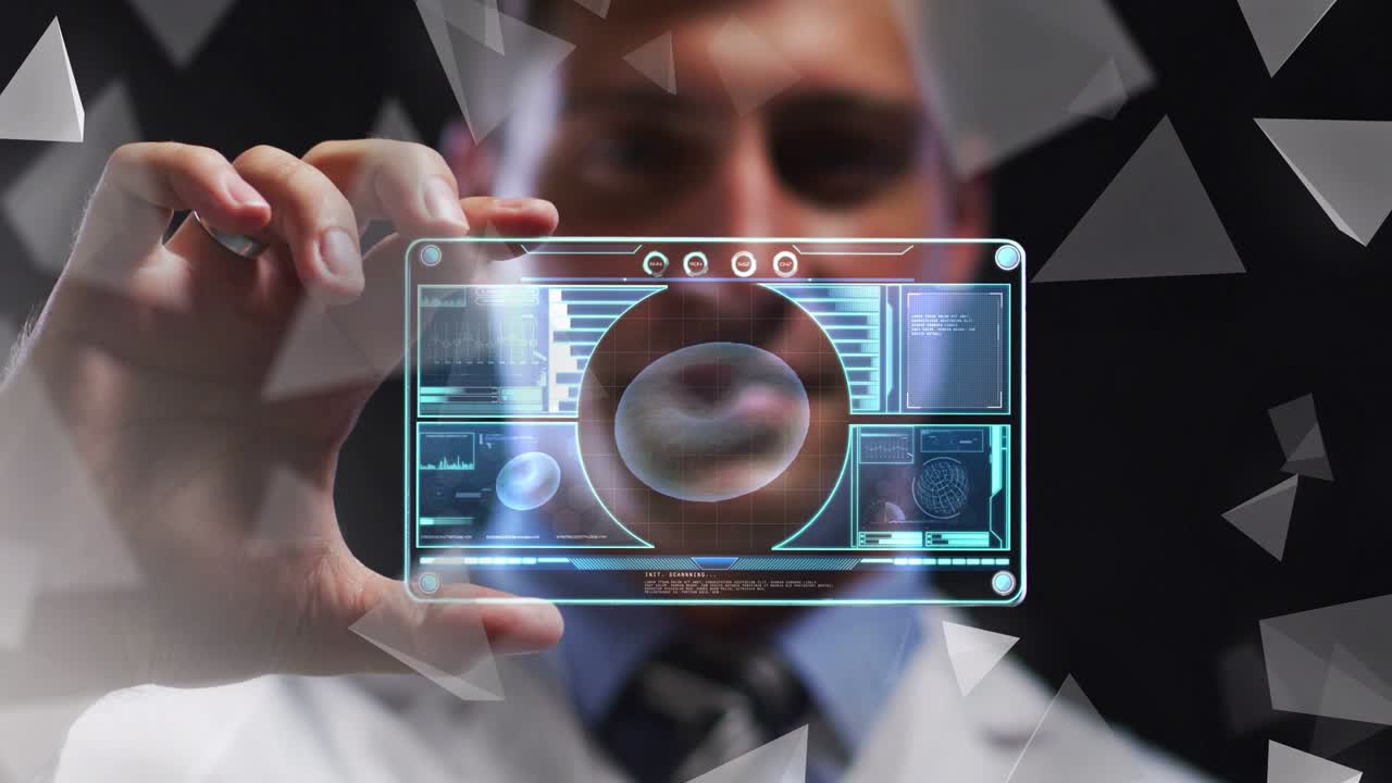 Dr bringing holo panel into view, holding, adjusting as shards crossing panel, showing medical data