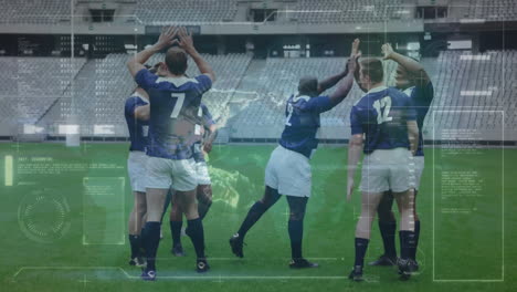 animación del giro del globo con datos y estadísticas sobre un equipo de rugby masculino multiétnico