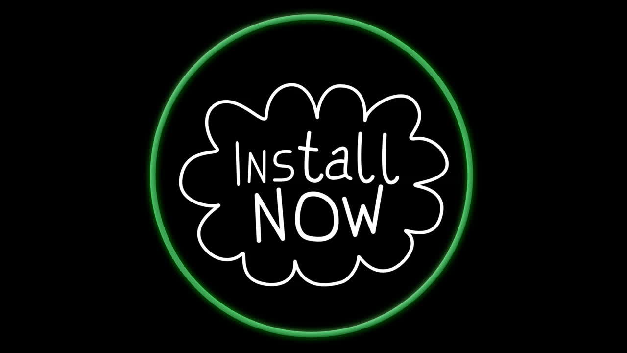 검은 바탕의 초록색 원 위에 있는 이제 설치 텍스트의 애니메이션