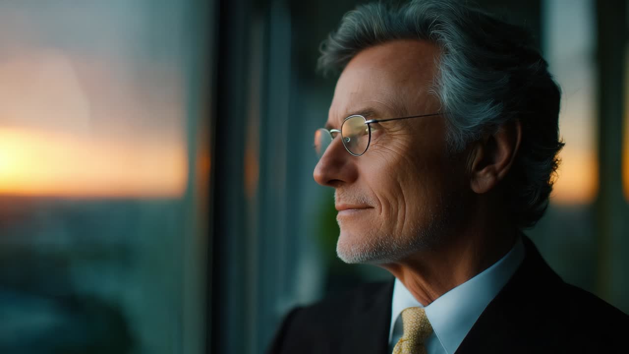 A Reflective Moment: A Distinguished Mature Man in Professional Attire Contemplating Life as the Sun Sets, Capturing a Sense of Wisdom and Accomplishment in a Serene Atmosphere