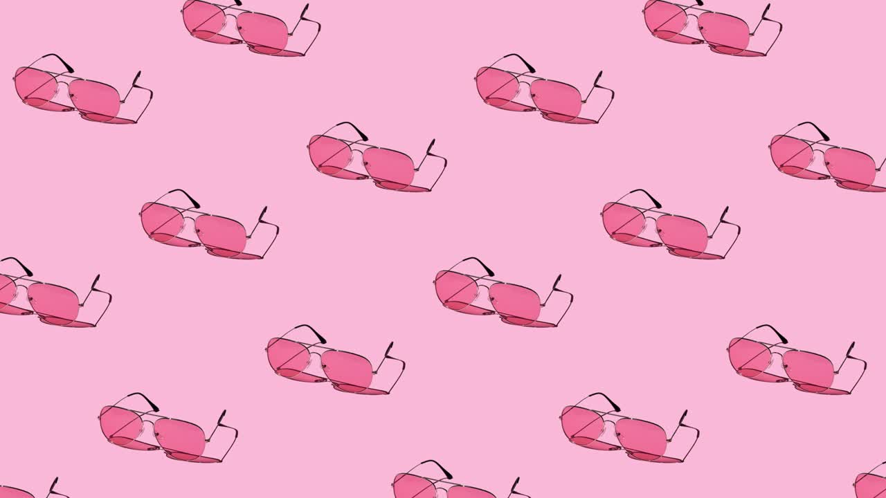 seamless looping animation of pattern with pink sunglasses on a pastel purple background. hard shadows from the sun at noon. leisure, travel and entertainment concept with copy space
