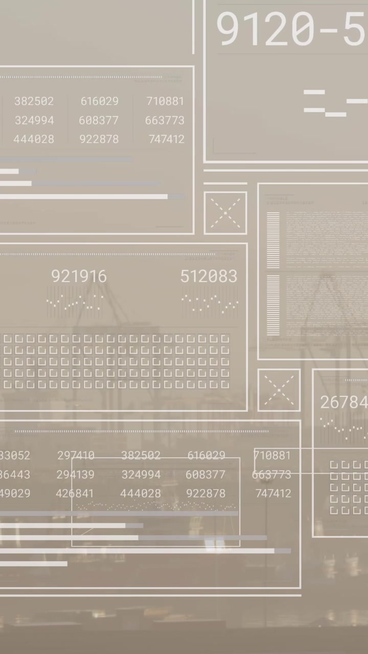 Animation of changing numbers, circles and loading bars against fog covered cityscape