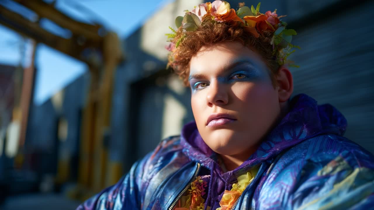 Ritratto accattivante di un giovane con trucco vivace e corona di fiori, che mette in mostra l'espressione artistica e la sicurezza di sé in un ambiente urbano